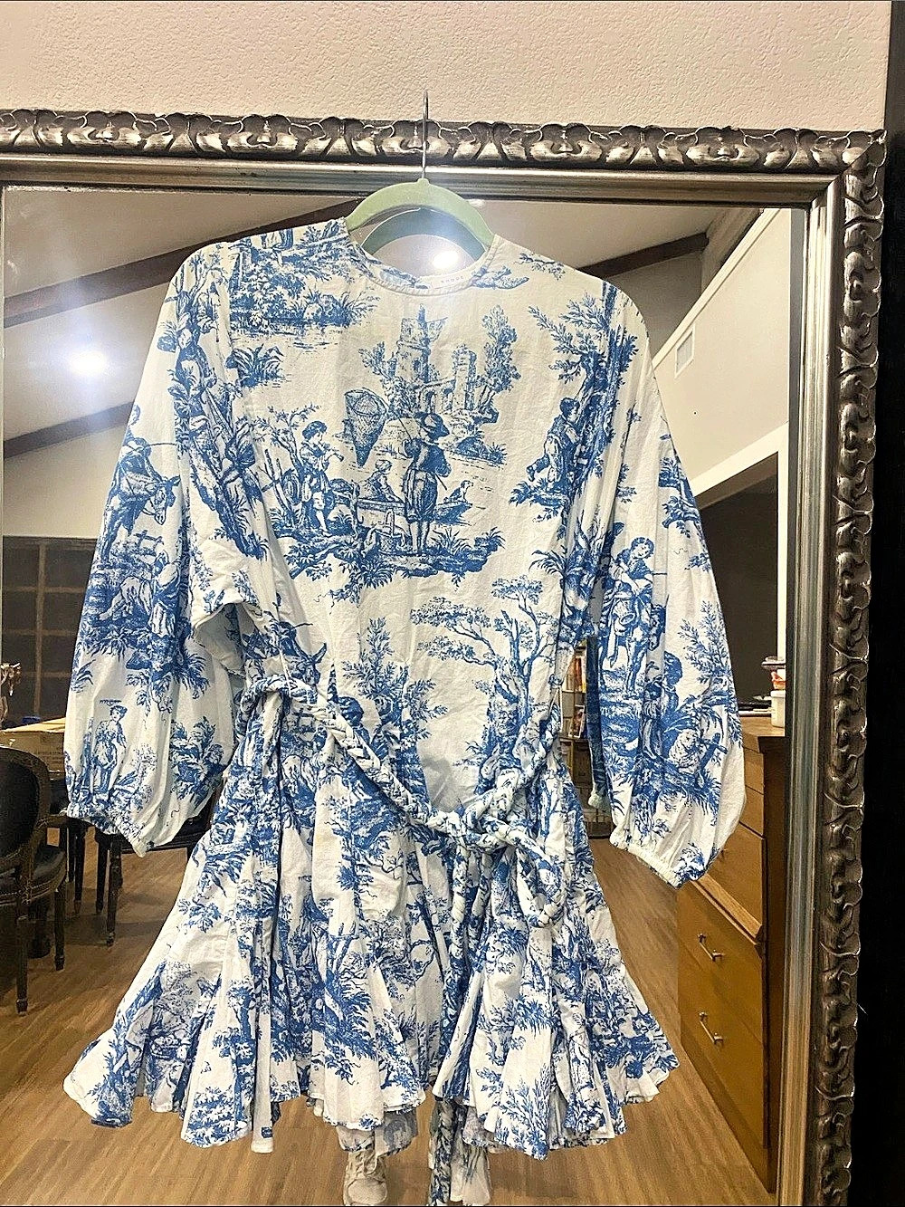 RHODE Ella Dress Toile Mini Dress in Blue & White Size XS